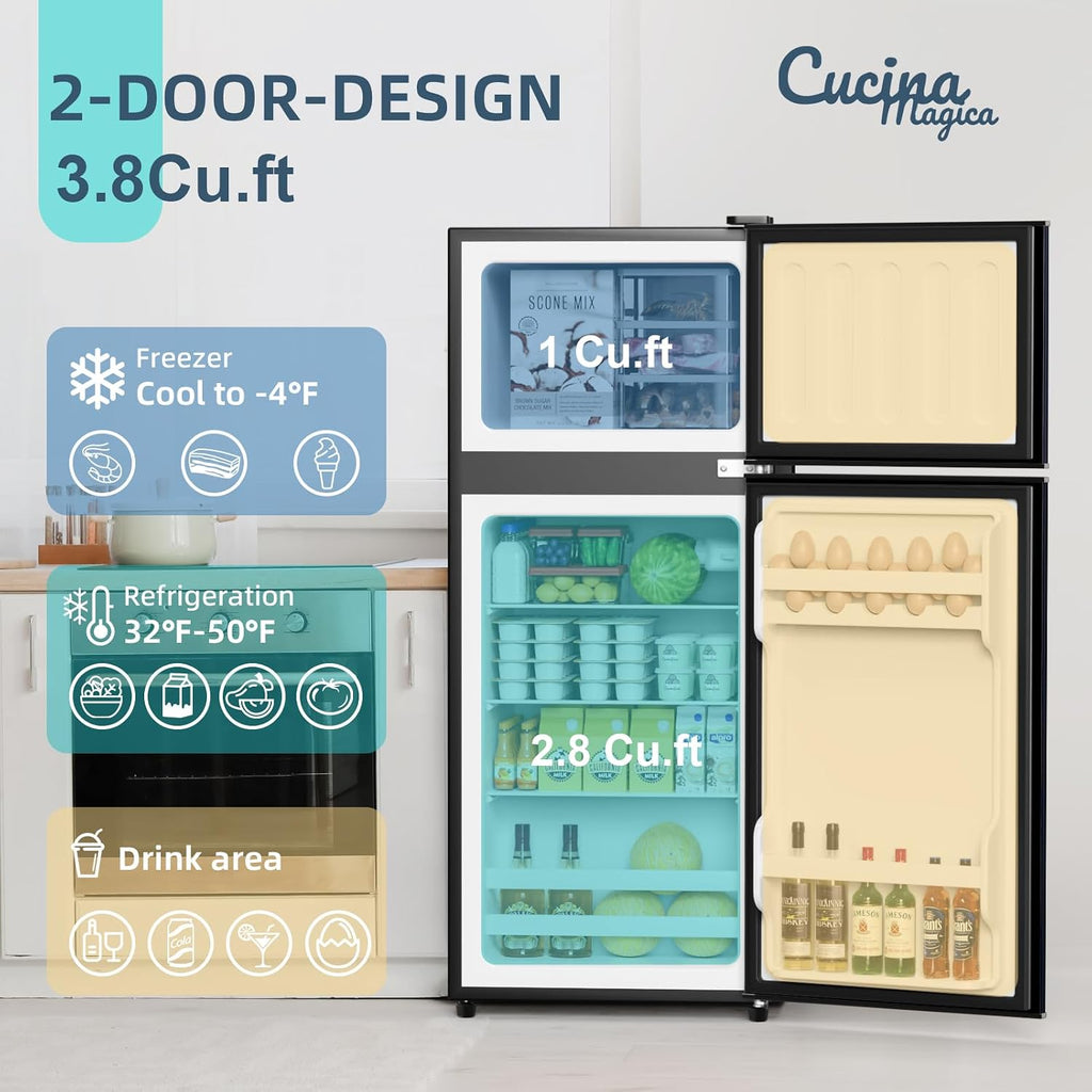 Cucina Magica Mini Fridge with Freezer, 3.8 Cu.Ft Small Fridge, Energy Saving, Low Noise,7 Adjustable Thermostat, Double Door Small Refrigerator for Dorm, Bedroom, Office