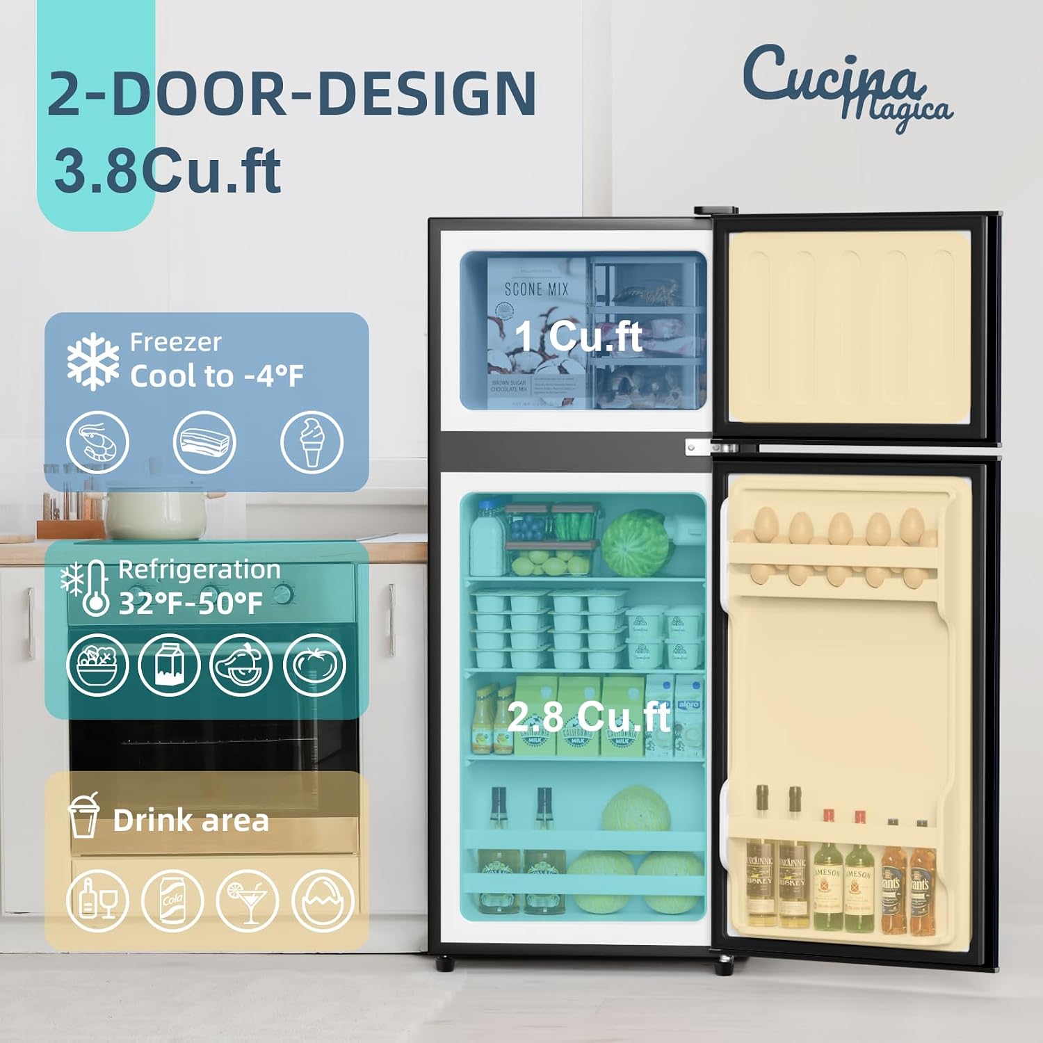 Cucina Magica Mini Fridge with Freezer, 3.8 Cu.Ft Small Fridge, Energy Saving, Low Noise,7 Adjustable Thermostat, Double Door Small Refrigerator for Dorm, Bedroom, Office