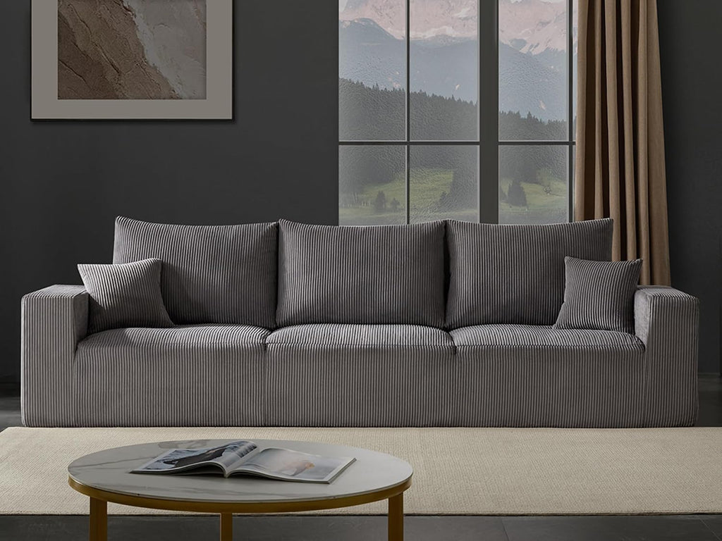 Gericco 113' Modular Sectional Couch, Cloud Boneless Sofa with Deep Seats, Upholstered Corduroy Sleeper Sofa Bed with 3-Seater for Living Room, No Assembly Required, Grey