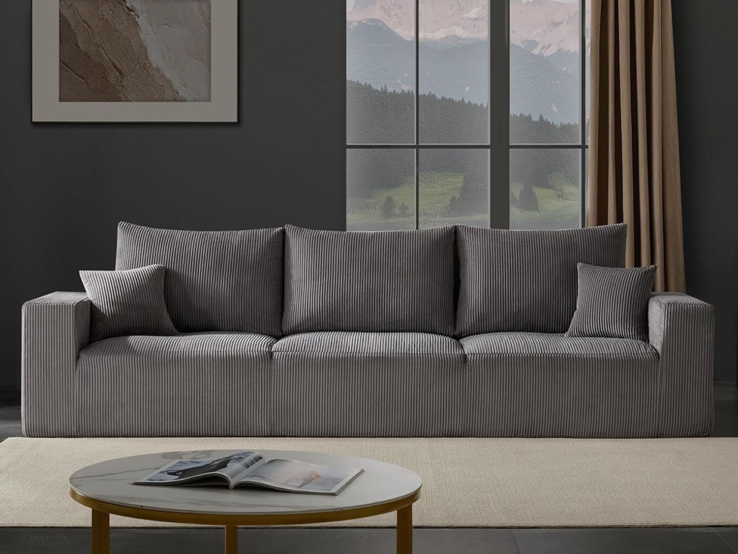 Gericco 113' Modular Sectional Couch, Cloud Boneless Sofa with Deep Seats, Upholstered Corduroy Sleeper Sofa Bed with 3-Seater for Living Room, No Assembly Required, Grey