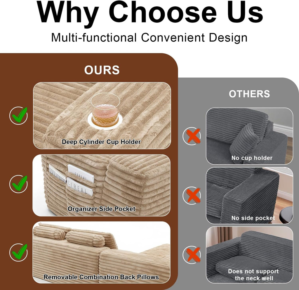 Cloud Sectional Couch with L-Shape Chaise, Modern Modular Sofa with Deep Seat, Built-in Cup Holder & Storage Pocket for Living Room Bedroom, No Assembly Required (Camel, Right Facing Chaise)