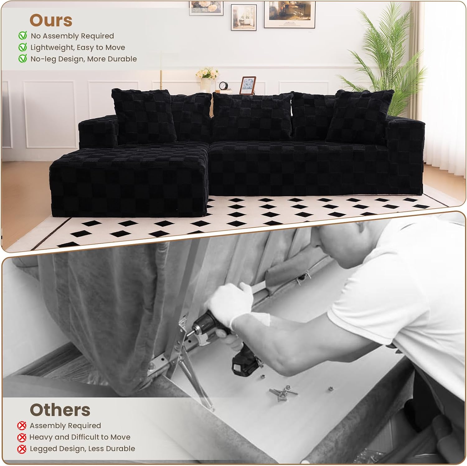 Modular Sectional Sofa, 108' L-Shaped Boneless Couch with Deep Seat, Corduroy Cloud Couch for Living Room, Bedroom, No Assembly Required, Ship in a Box, Checkered Black