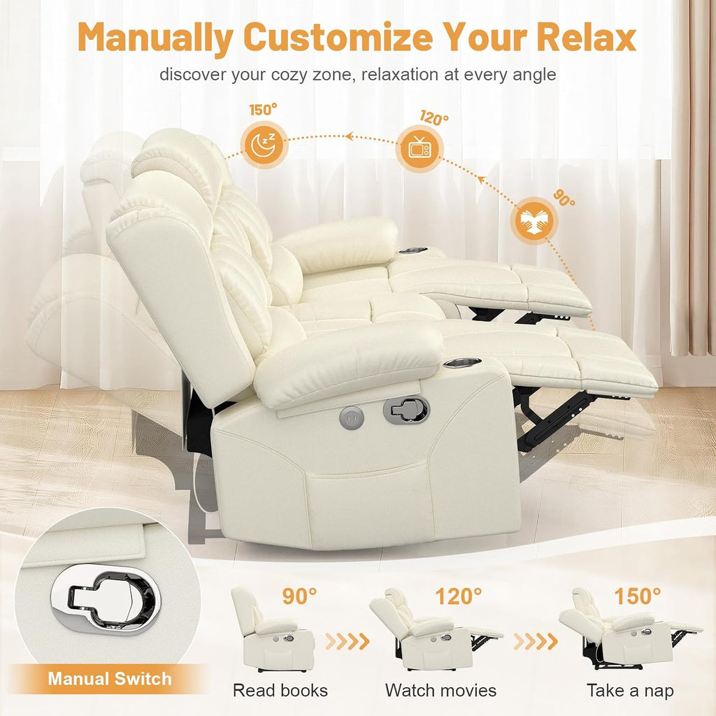Dresegmt Loveseat Recliner Sofa, Flip Middle Backrest Design PU Leather 3 Seat Reclining Sofa with Storage Drawer, Manual Couch for Living Room (Ivory White, PU)