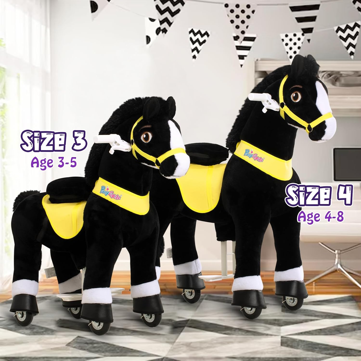 PonyCycle Kids Ride on Toys Horses for Toddlers 3-4 Ride on Horse Walking Horse Size 3 No Battery Required Pony Cycle Plush Animal Giddy up Spirit Riding Toys Black E338