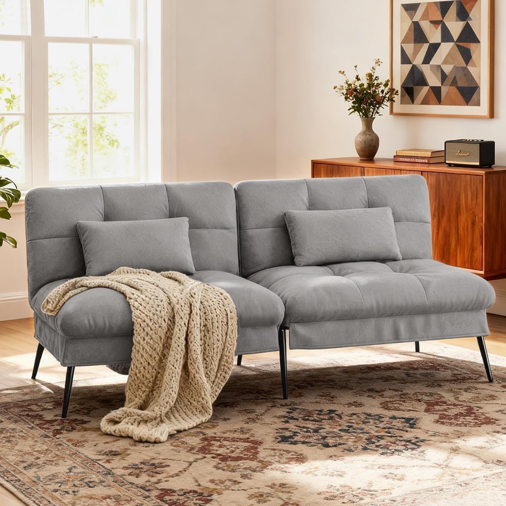 COMHOMA 72″ Futon Sofa Bed,Convertible Fabric Couch with Adjustable Backrest,Loveseat Recliner Sleeper Living Room Furniture futon Set (Grey)