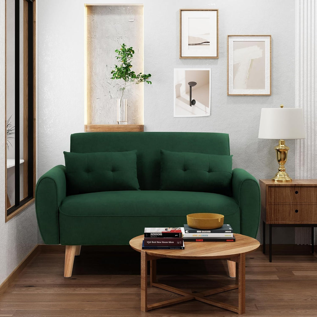 Shintenchi 48'' Loveseat Sofa, Mid-Century Modern Upholstered Couch Deep Seat with 2 Pillows, 10' Thick Cushion with Spring, Solid Wood Frame Small Couch for Living Room, Dorms & Office, Green