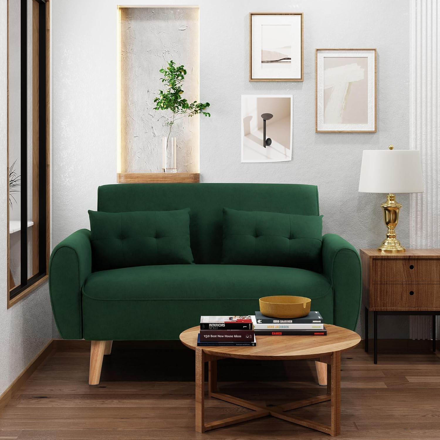 Shintenchi 48'' Loveseat Sofa, Mid-Century Modern Upholstered Couch Deep Seat with 2 Pillows, 10' Thick Cushion with Spring, Solid Wood Frame Small Couch for Living Room, Dorms & Office, Green