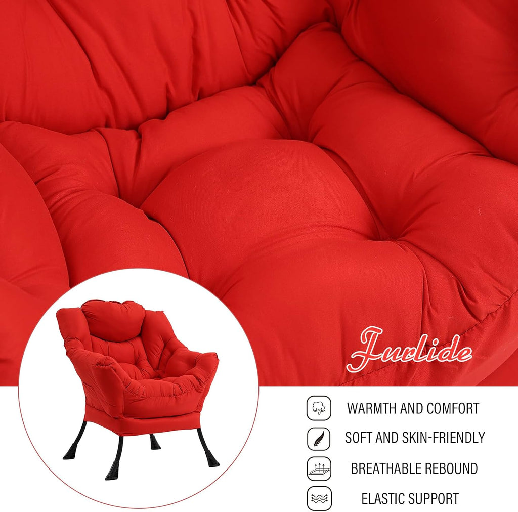 Furlide Lazy Chair with Ottoman, Modern Accent Chair with Armrests and a Side Pocket, Red Accent Chairs, Comfortable Reading Chairs, Oversized Armchairs for Bedroom, Study, Living Room, Courtyard