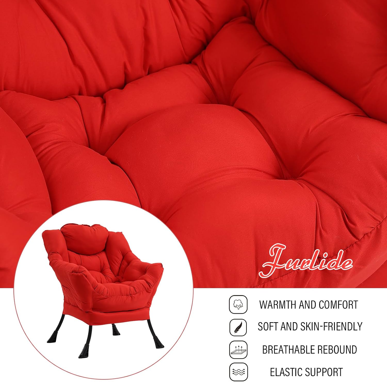Furlide Lazy Chair with Ottoman, Modern Accent Chair with Armrests and a Side Pocket, Red Accent Chairs, Comfortable Reading Chairs, Oversized Armchairs for Bedroom, Study, Living Room, Courtyard