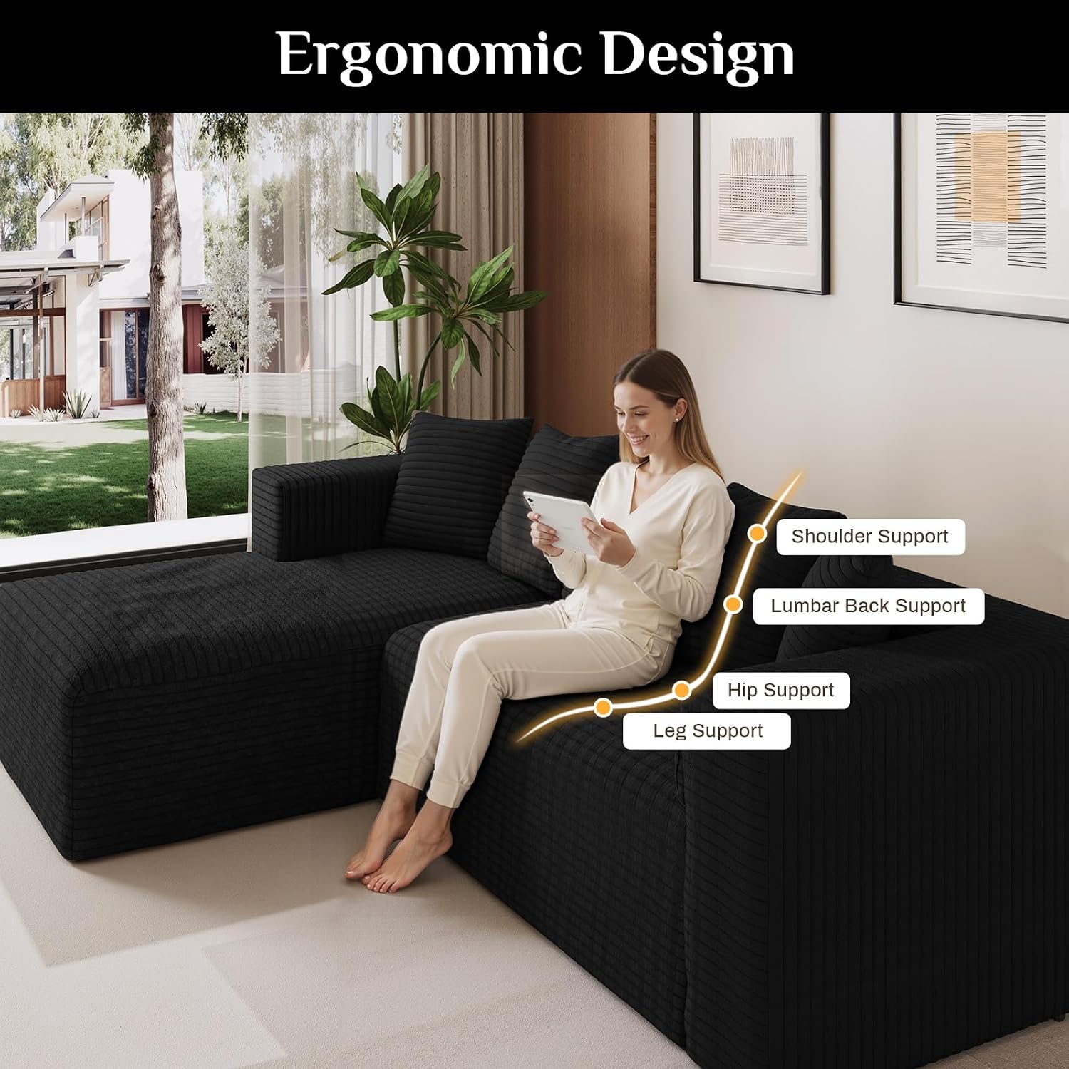 Oversized L Shaped Boneless Sectional Couches for Living Room, 107' Comfy Fluffy Cloud Modular Sectional Sofa, Plush Corduroy Memory Foam Floor Sofa with Left Facing Chaise Couch