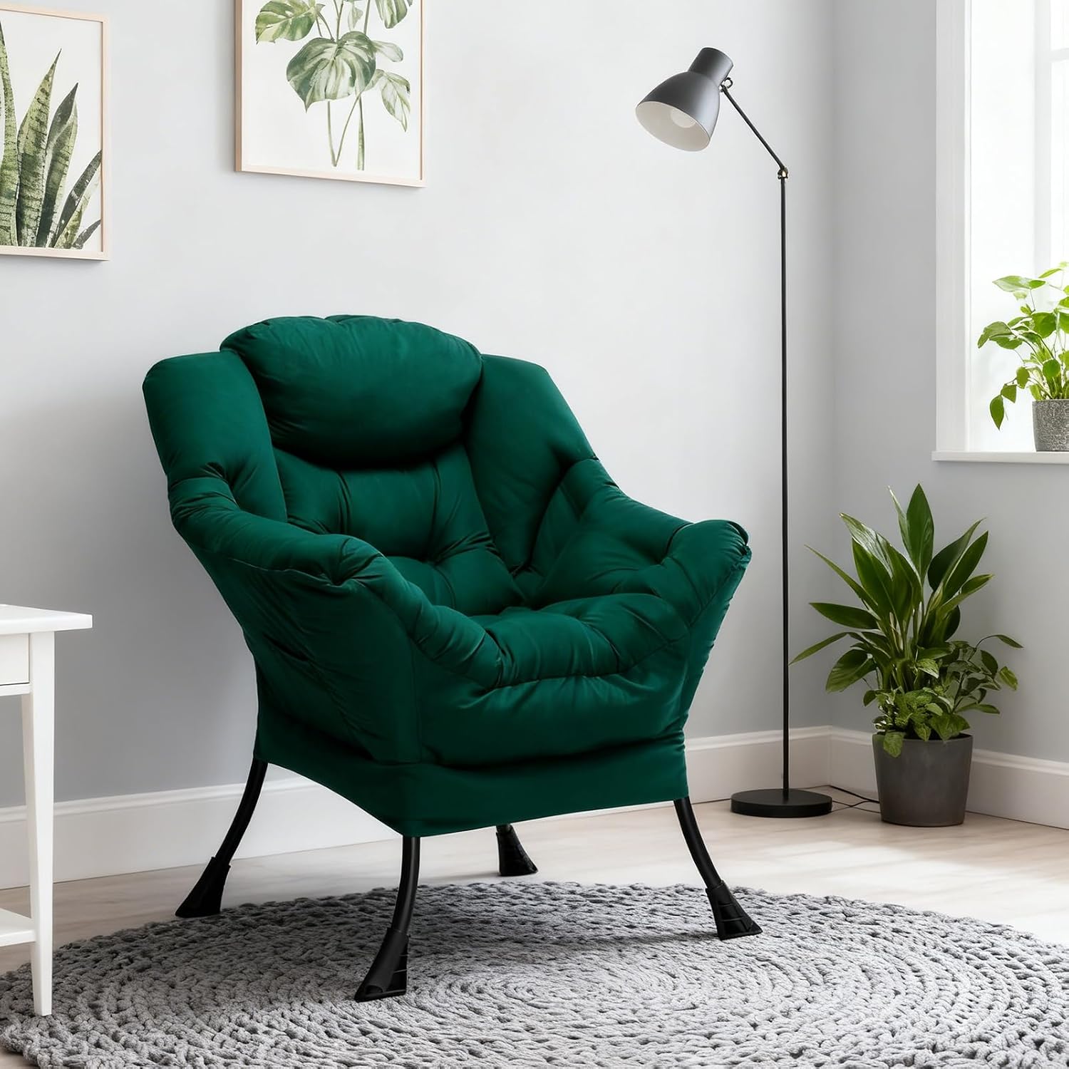 HollyHOME Modern Fabric Large Lazy Chair, Accent Oversized Comfy Reading Chair, Thick Padded Cozy Lounge Chair with Armrest, Steel Frame Leisure Sofa Chair for Living Room, Bedroom, Dorm, Green