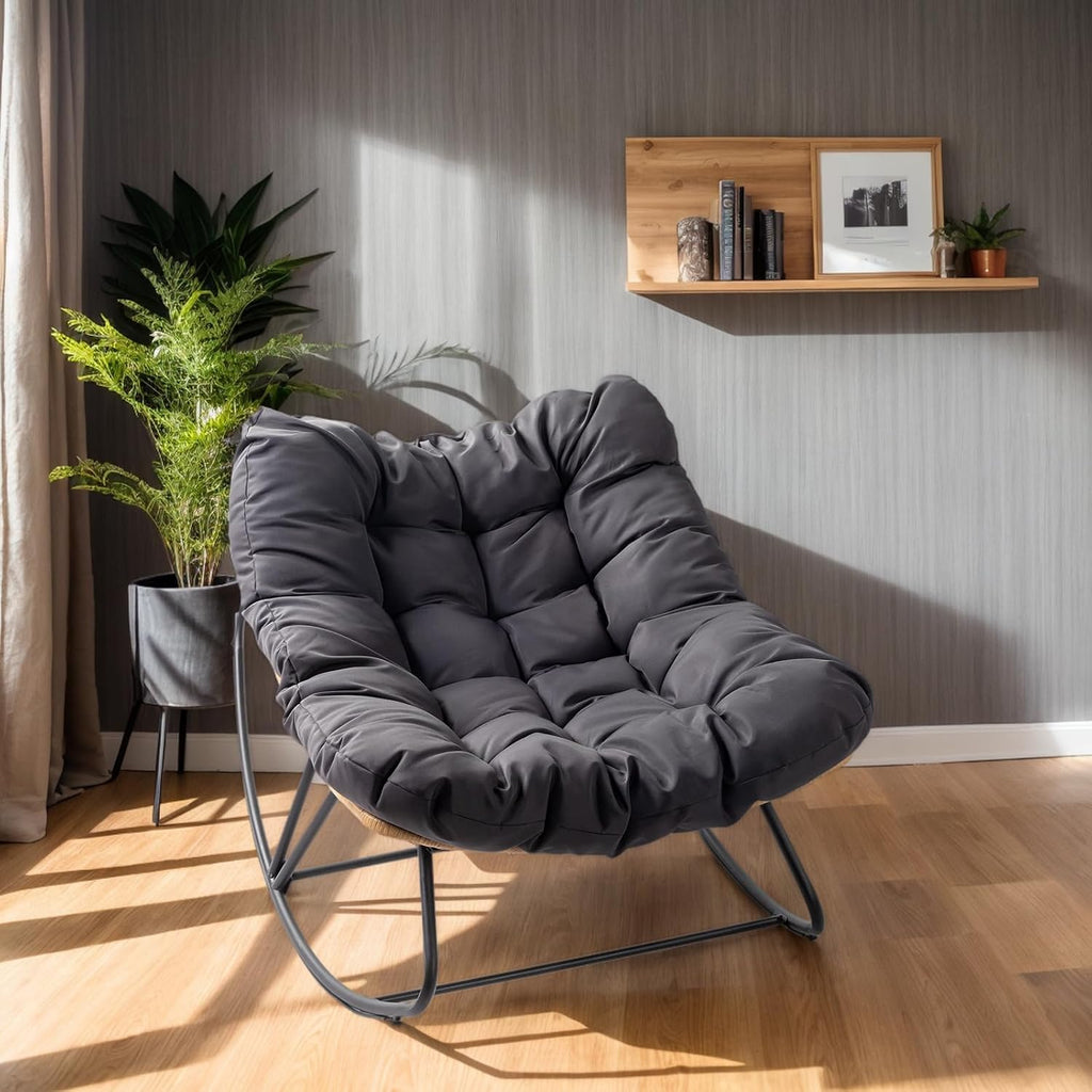 JOYBASE Outdoor Indoor Papasan Rocking Chair Set of 2, Oversized Papasan Rocker with Cushion, Patio Wicker Comfy Egg Chair for Backyard Bedroom Living Room Lounge Reading (Dark Grey)