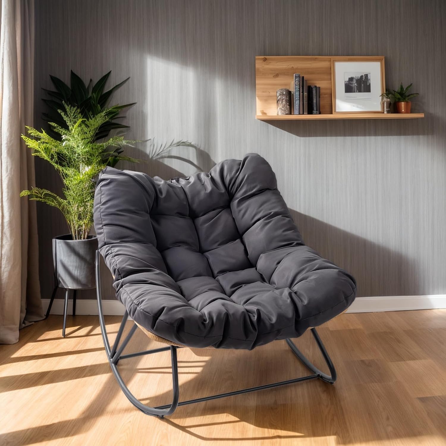 JOYBASE Outdoor Indoor Papasan Rocking Chair Set of 2, Oversized Papasan Rocker with Cushion, Patio Wicker Comfy Egg Chair for Backyard Bedroom Living Room Lounge Reading (Dark Grey)