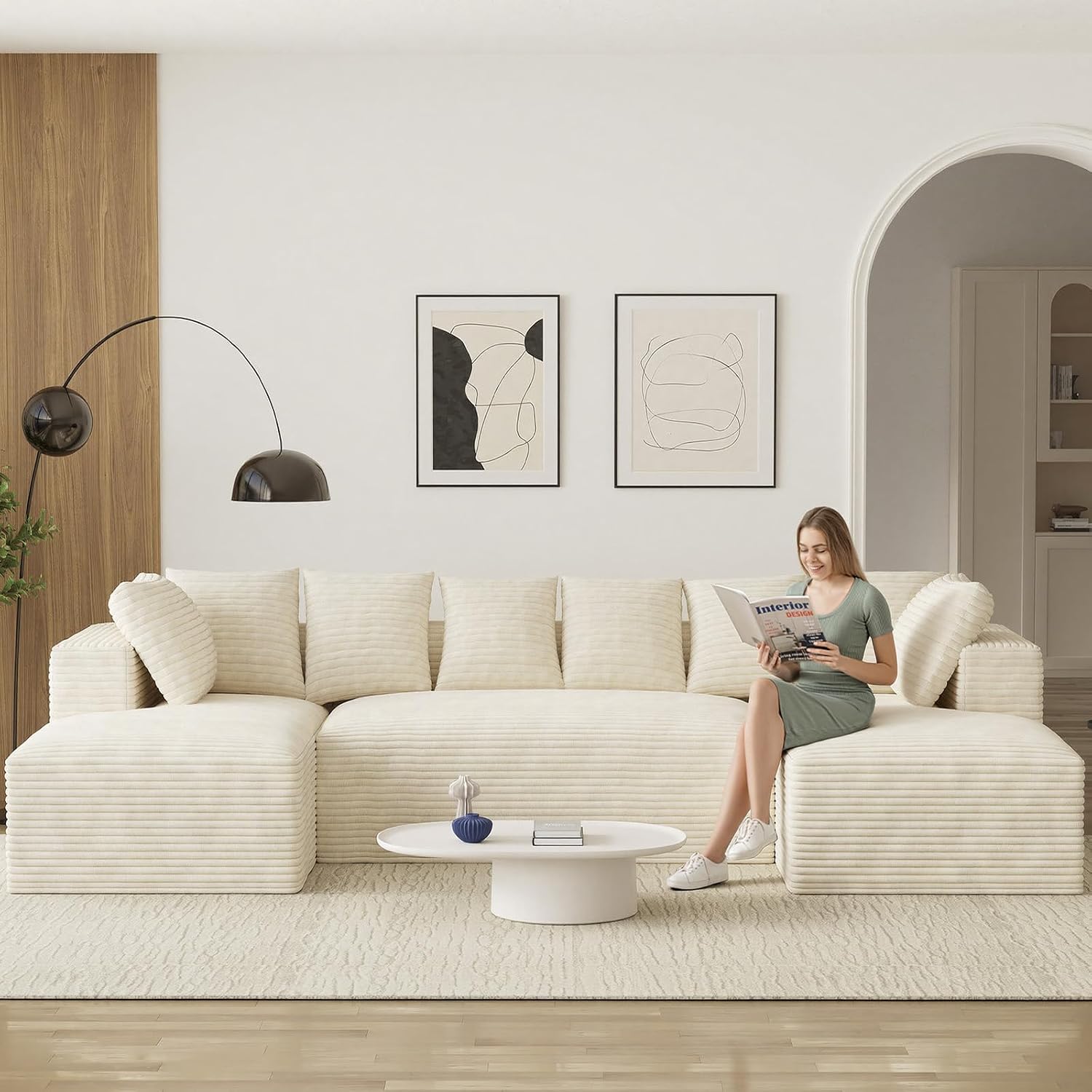 131' Oversized U Shaped Cloud Sectional Couches for Living Room, Comfy Fluffy Corduroy Beige Boneless Sectionals Couch, Plush Memory Foam Modular Sectional Sofa with Chaise- 19' Seat Height