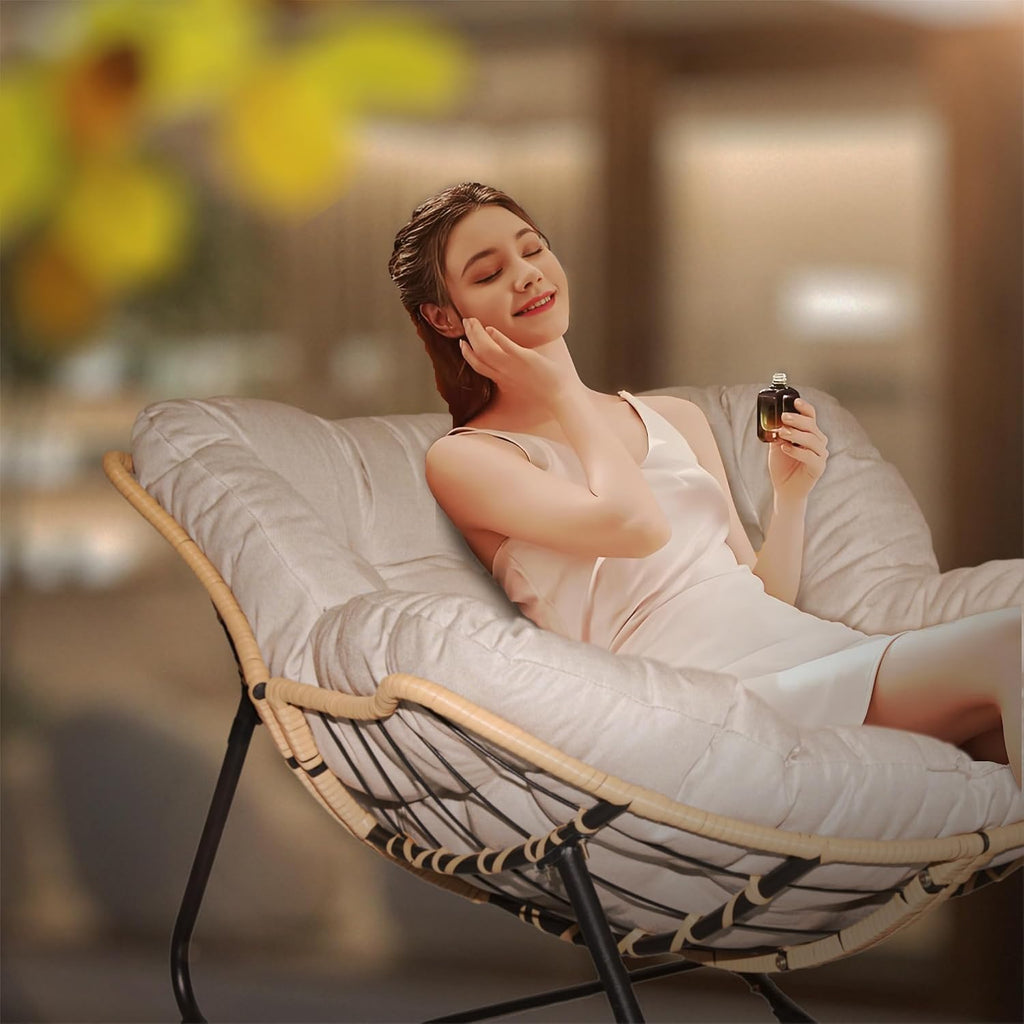 Patio Rocking Egg Chair - Outdoor Rocking Chair with Thick Cushion, Modern Indoor Outdoor Papasan Rocking Chair, Lounge Rocker for Balcony, Living Room, Bedroom, Porch, Patio, Lawn, Garden (Beige)