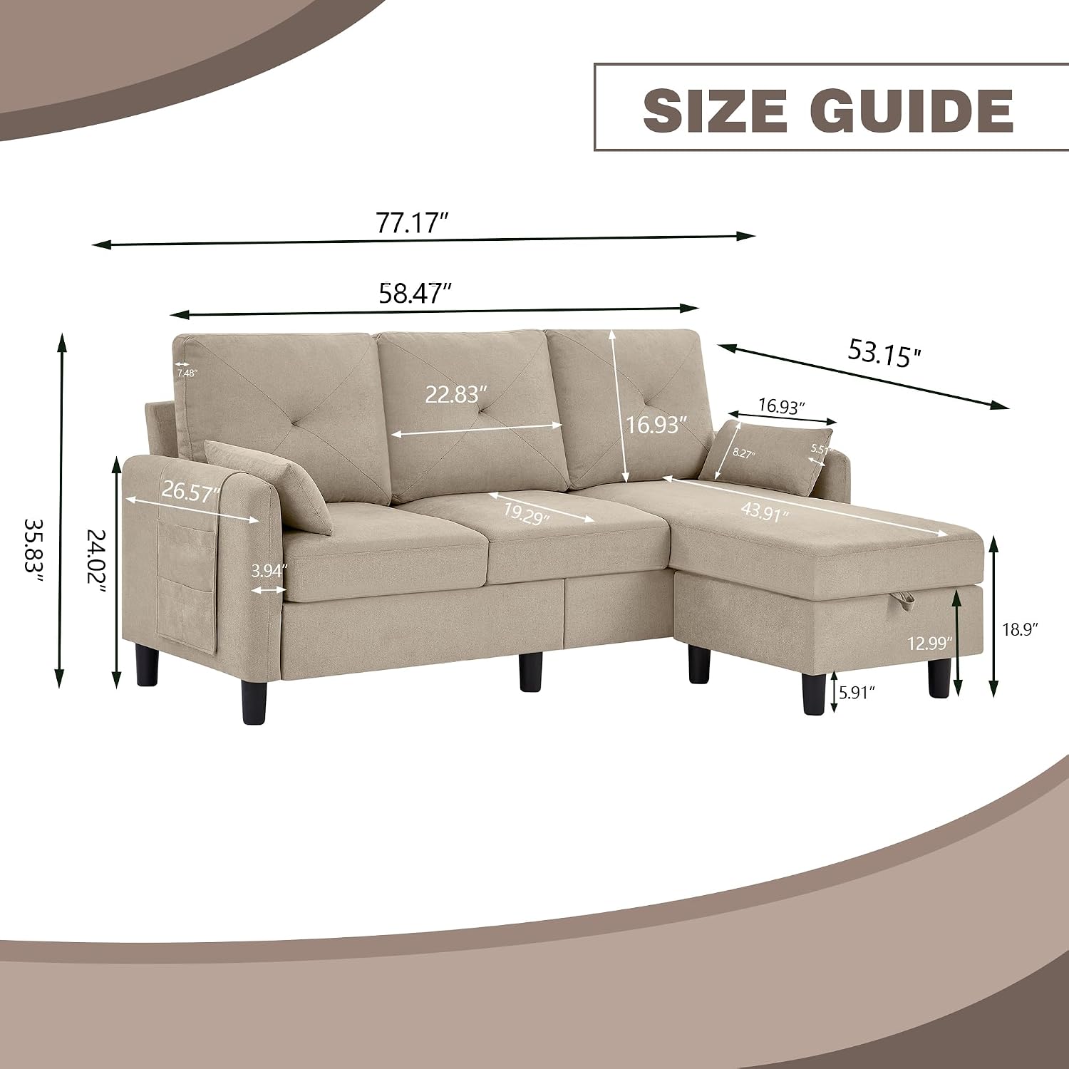 Convertible Sectional Sofa, 77' Small L Shaped 3 Seat Couch with Reversible Storage Chaise, Modern Polyester Fabric Sofa Couches for Living Room, Apartment and Small Space, Beige