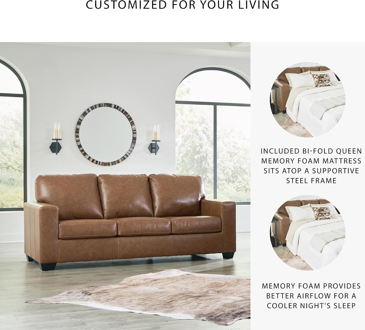 Signature Design by Ashley Bolsena Contemporary 2-in-1 Leather Match Sofa Sleeper with Folding Gel Memory Foam Mattress, Queen, Dark Brown