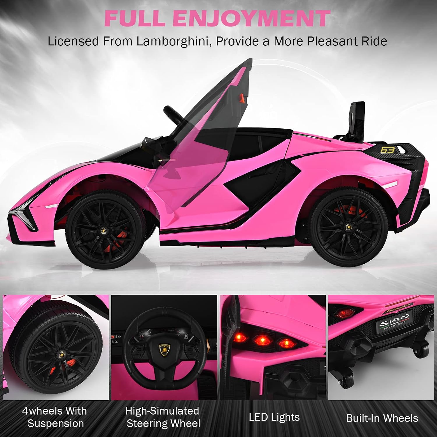 INFANS 12V Licensed Lamborghini Sian Kids Ride On Car with Parent Remote Control, Spring Suspension, MP3 Player, Electric Toy Roadster Carbon Fiber Textured for Toddler (Pink Black)