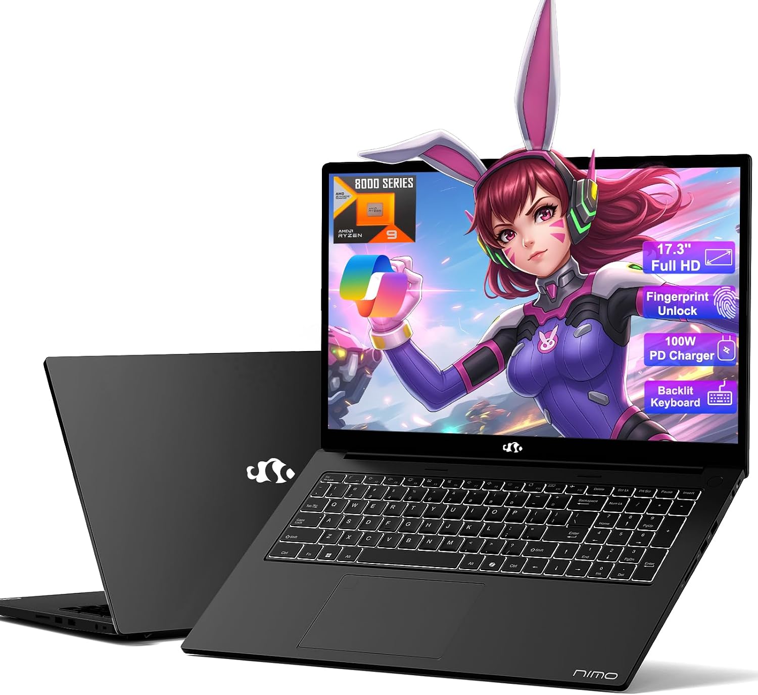 NIMO 17.3' Business-Laptop Ryzen 9 8945HS, 64GB RAM 2TB SSD, Radeon 780M, 54W Max TDP, 75Wh Battery, USB-C 4.0, PD 100W, Backlit Keyboard, Fingerprint Unlock, FHD Laptop for Gaming Student Office