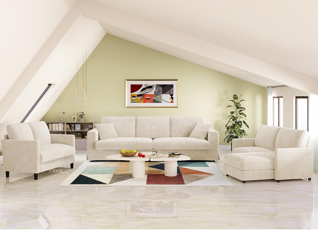 Welzona Corduroy Sofa Couch, 101' Comfy Couches for Living Room, Beige | 24' Extra Deep Seat, Tool-Free Sofas, All-Wood Loveseat, 2 Pillows Included, 850lbs Load-bearing