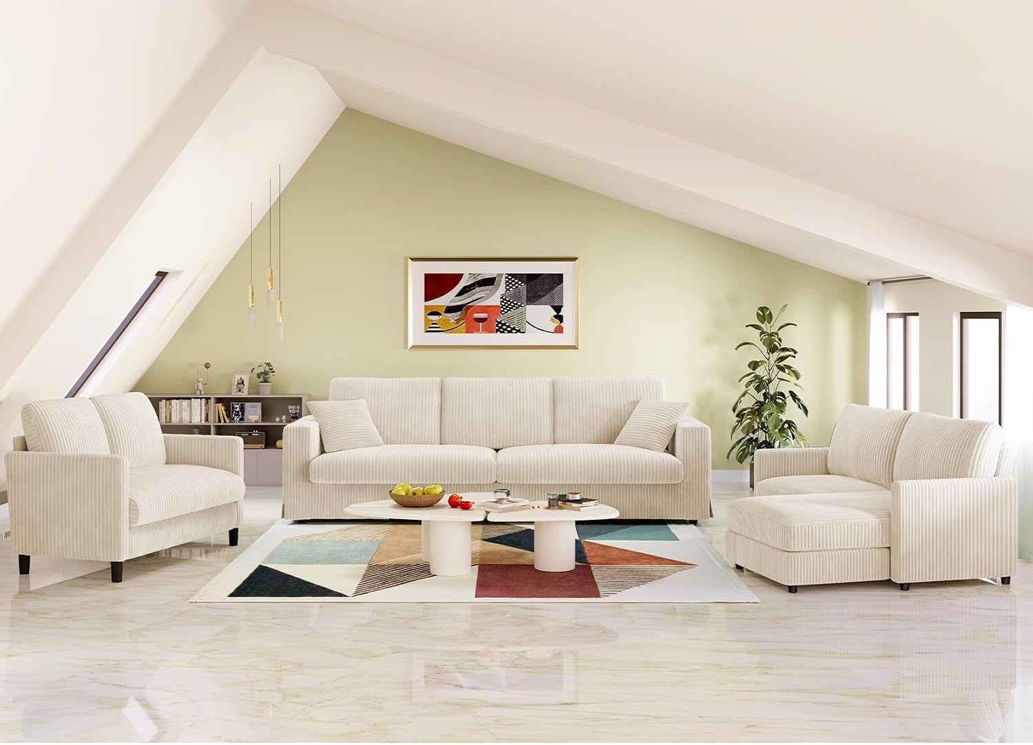 Welzona Corduroy Sofa Couch, 101' Comfy Couches for Living Room, Beige | 24' Extra Deep Seat, Tool-Free Sofas, All-Wood Loveseat, 2 Pillows Included, 850lbs Load-bearing