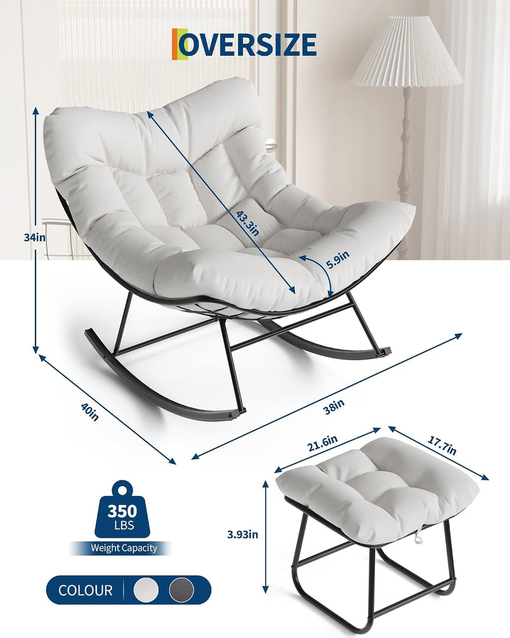 Papasan Rocking Chair with Footrest,4-Piece Steel Frame Egg Chair,Metal Patio Lounge Rocking Chair with Ottoman & Thick Cushion,400lb Capacity for Patio, Balcony, Bedroom & Living Room