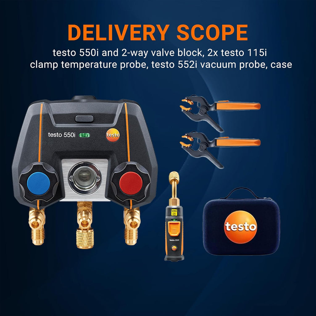 Testo 550i AC Manifold Gauge Set – Manifold Gauges & Refrigeration – Incl. 1x 552i Micron Gauge & 2x 115i Pipe Clamp For Air Conditioning, Refrigeration Systems & Heat Pumps – Bluetooth – App Operated