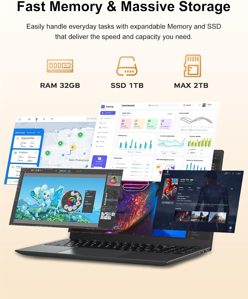 BLUEING 15.6' Laptop Computer, Laptop with 32GB RAM 1TB SSD, Gold 6500Y (Up to 3.4GHz), 1080P FHD IPS Display, Type-C, HDMI, USB3.2, WiFi, Bluetooth, Long Battery Life, Laptops for Business & Student