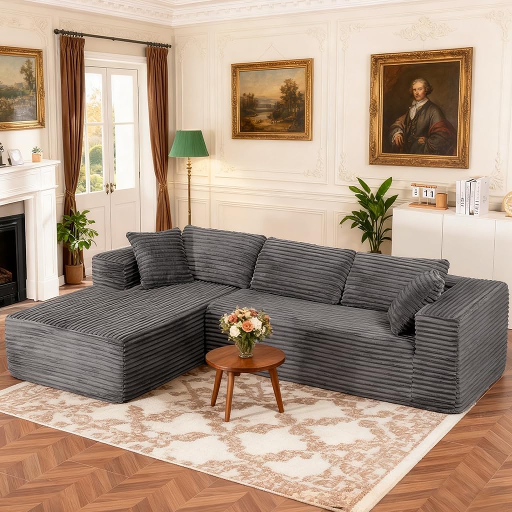 COMHOMA 105'Modular Sectional Sofa with Deep Seat,Cloud Upholstered L-Shape Couch Wide Arms Corduroy Fabric High-Density Foam Chaise Lounge for Living Room No Assembly Required