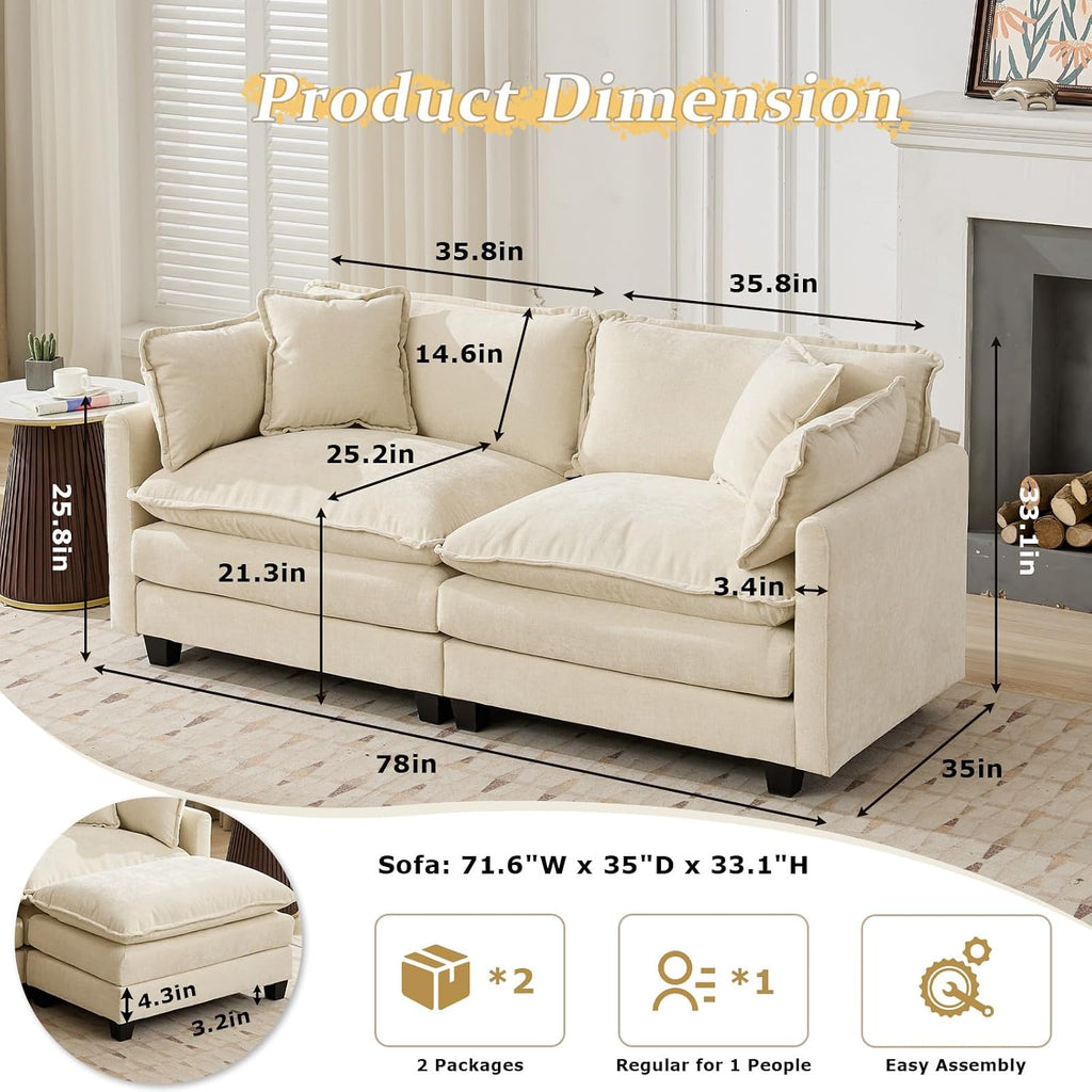SoarFlash 77.95' Chenille Sectional Sofa, Comfy Modular Loveseat Sofa, Modern 2-Seat Couch Deep Seat Sofa Set for Living Room,Beige