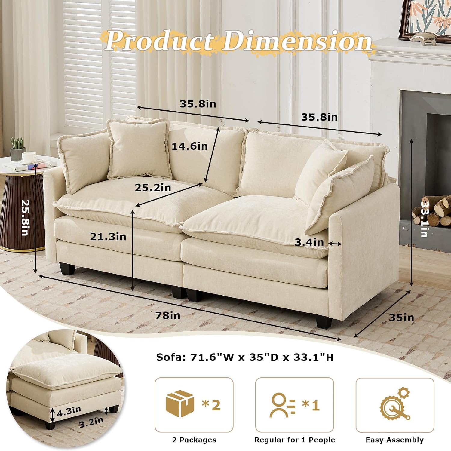 SoarFlash 77.95' Chenille Sectional Sofa, Comfy Modular Loveseat Sofa, Modern 2-Seat Couch Deep Seat Sofa Set for Living Room,Beige