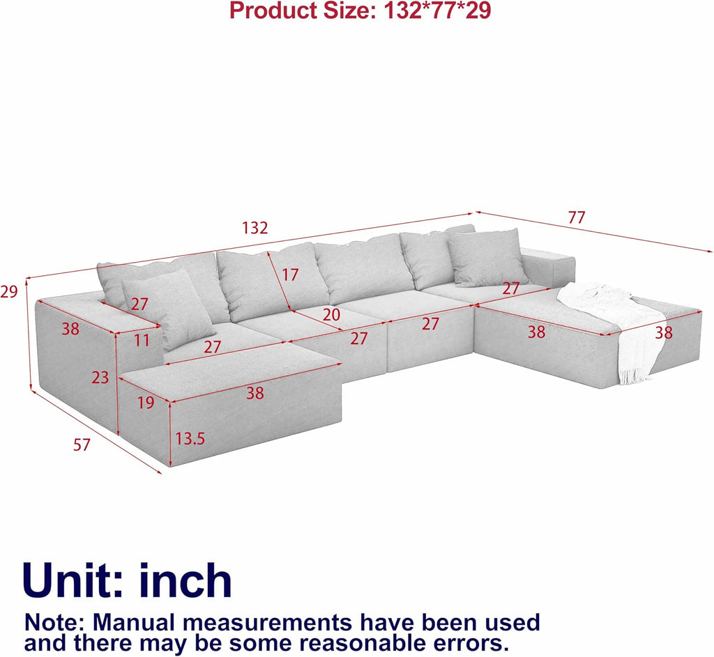 132' Modular Sectional Sleeper Sofa Couch, Modern Cloud Chenille Sectional Couch with Ottoman, Boneless U Shape Couches for Living Room, Free Combination, No Assembly Required, Black
