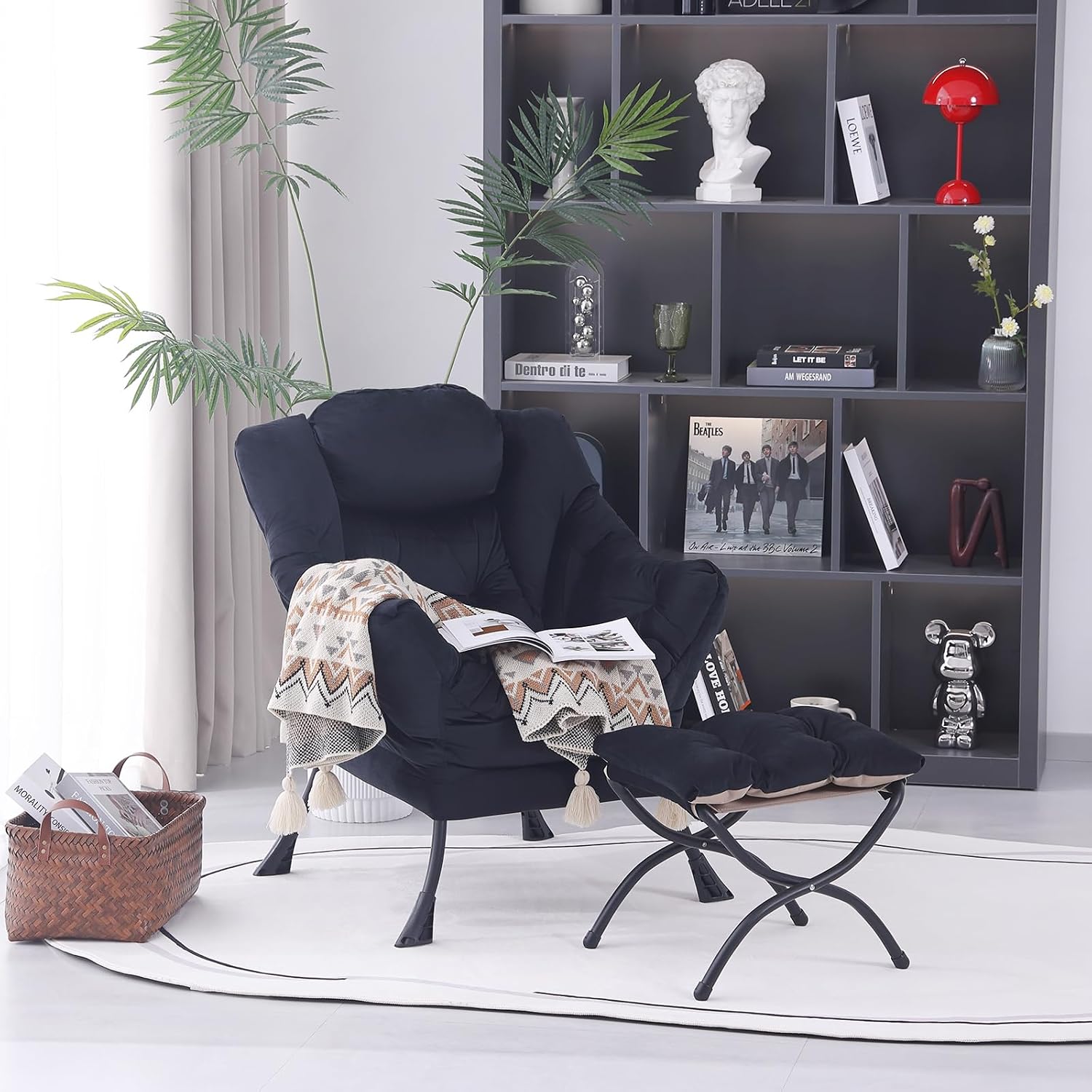 MBOOYOME Lazy Chair with Folding Ottoman, Modern Accent Lounge Armchair with Armrests, a Side Pocket & Foldable Footstool, Leisure Reading Chair for Living Room, Bedroom, Dorm & Office, Velvet Black