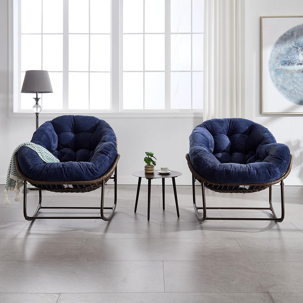 JEEOHEY Papasan Rocking Chairs Outdoor Indoor, Oversized Rattan Rocker Patio Chair with Padded Cushion, Comfy Modern Indoor Egg Chair for Living Room, Bedroom, Porch, Garden, Balcony(Corduroy, Navy)