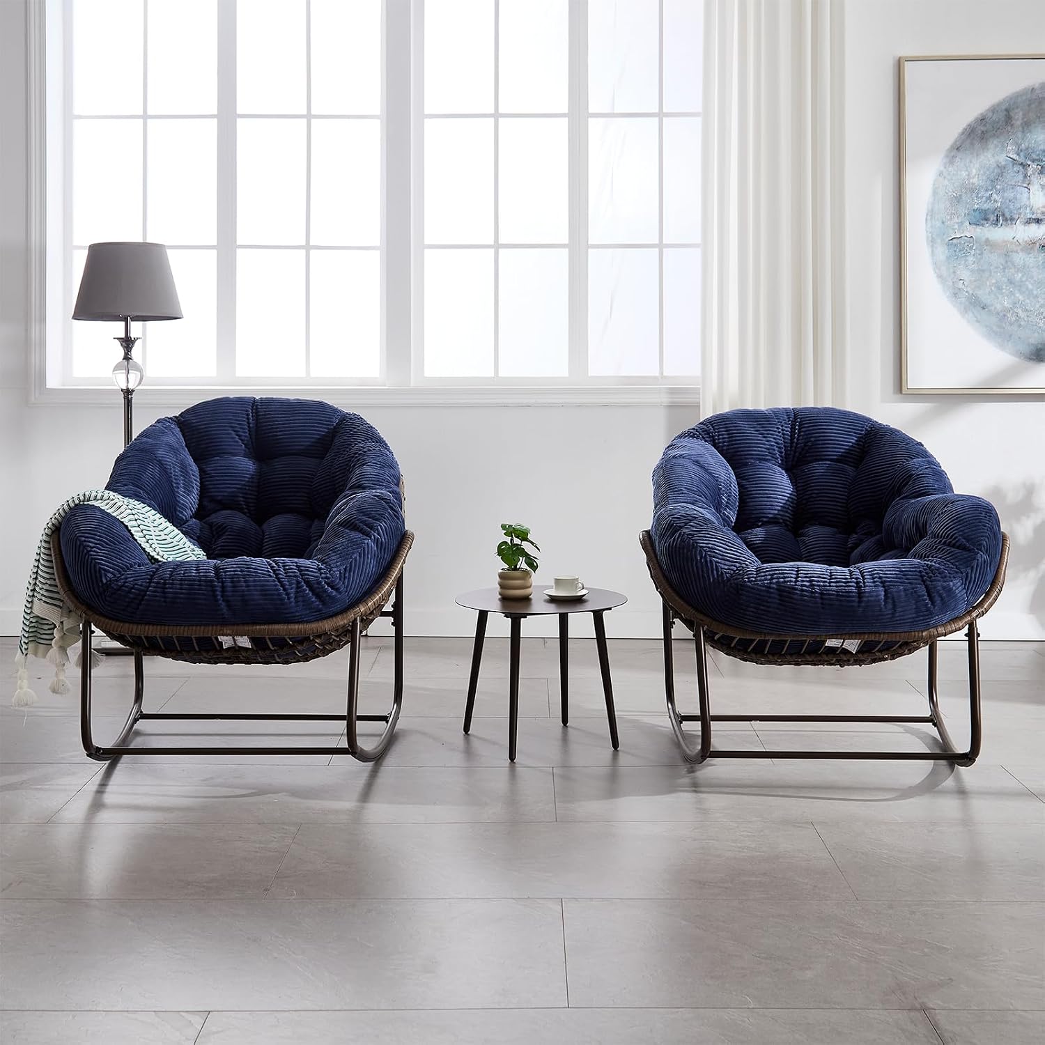 JEEOHEY Papasan Rocking Chairs Outdoor Indoor, Oversized Rattan Rocker Patio Chair with Padded Cushion, Comfy Modern Indoor Egg Chair for Living Room, Bedroom, Porch, Garden, Balcony(Corduroy, Navy)