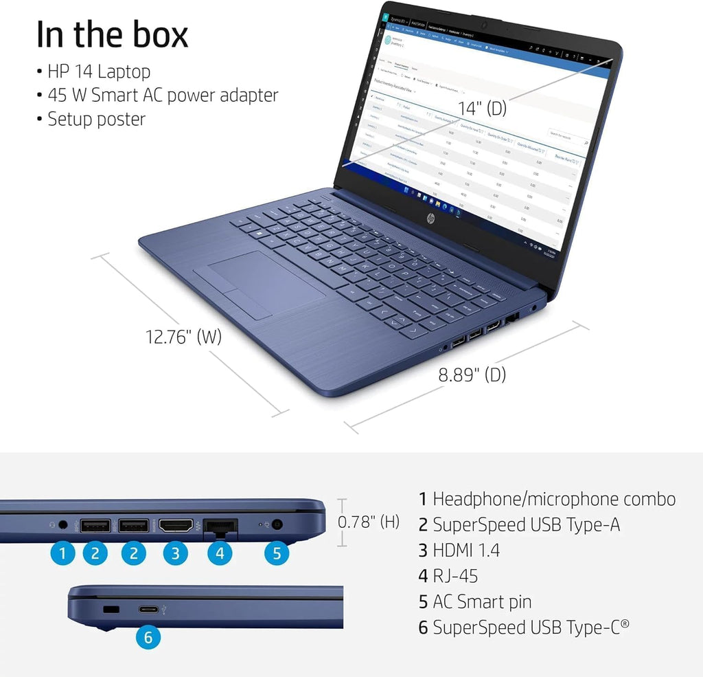 HP 14 Inch Laptop | Touchscreen | Ryzen 7 5700U, AMD 8-Core Processor | 32GB DDR4 RAM, 1TB SSD | Windows 11 | Blue | Micro-Edge | Light and Thin | True Vision 720p HD Cam | McAfee Protection