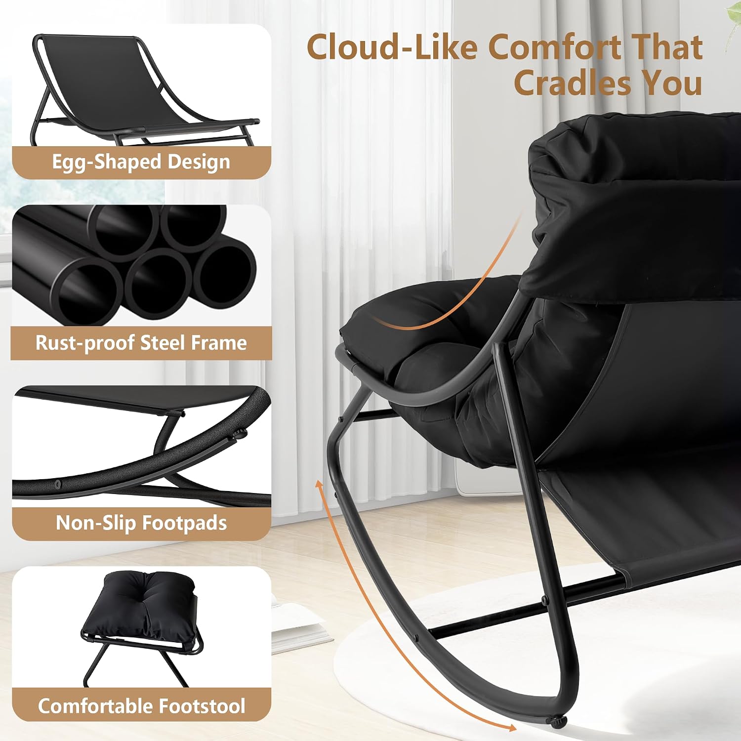 Outdoor Rocking Chair with Ottoman, Comfy Oversized Papasan Chair, Modern Upholstered Egg Gliders, 300 Lbs Wide Recliner Lounge Rocker for Bedroom, Living Room, Patio, Porch, Balcony(Black)