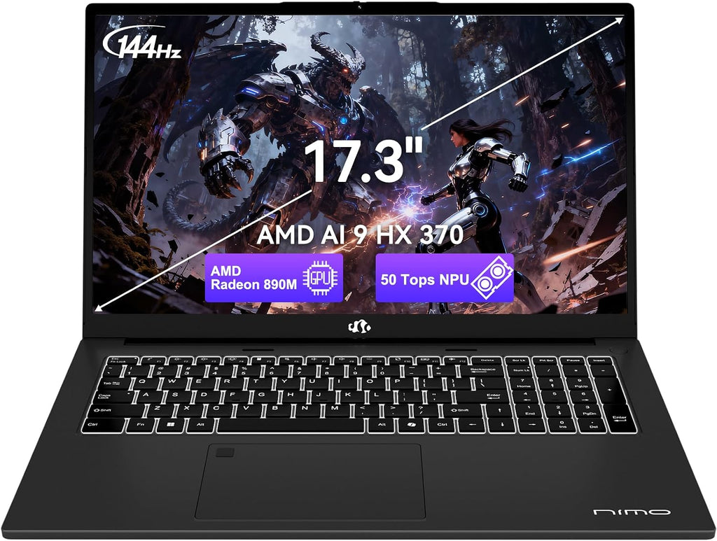 NIMO 17.3' Copilot+ Laptop, AMD Ryzen AI 9 HX 370(50 Tops NPU), Radeon 890M, 32GB RAM 2TB SSD, DDR5, 144Hz, PD 100W USB-C 4.0, AI Laptop with Wi-Fi 6E for Student Working Business