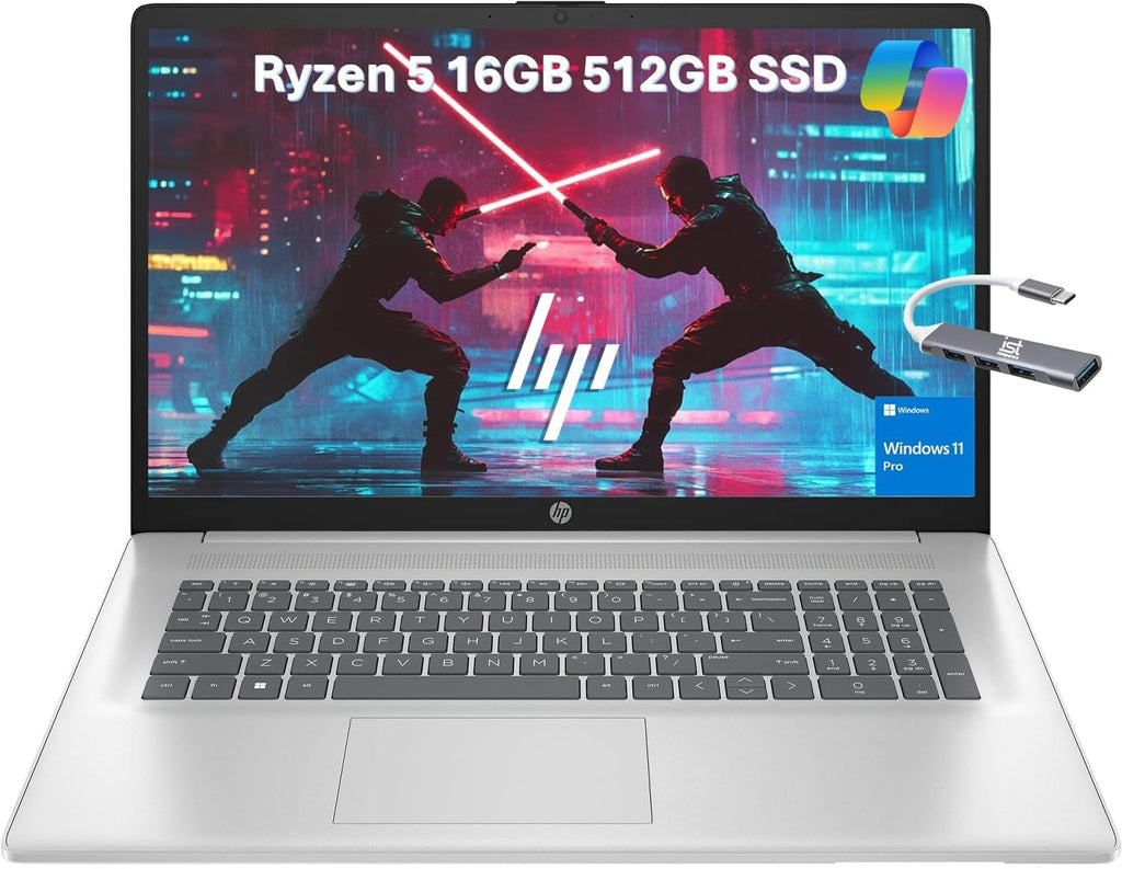 HP 17 Laptop (17.3' FHD Anti-glare, AMD 6-Core Ryzen 5 5500U, 16GB RAM, 512GB SSD, Narrow Bezel) Home & Business, Long Battery Life, Webcam, Wi-Fi, Numpad, Fast Charge, IST Hub, Win 11 Pro, Silver