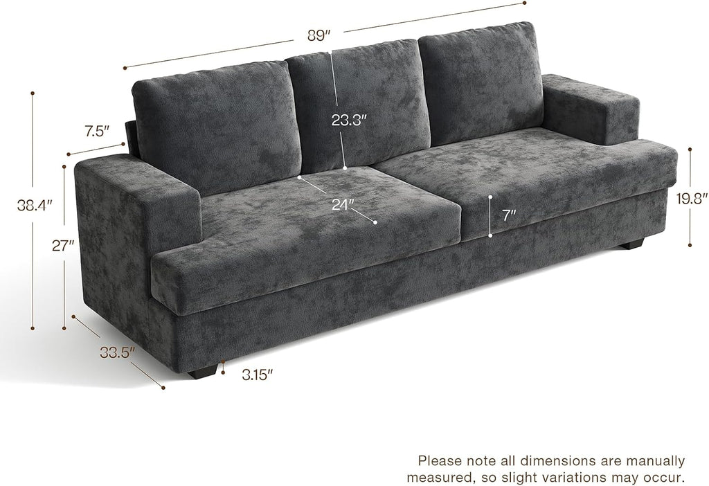 89' Grey Couches for Living Room, 3 Seater Couch with Deep Seat, Oversized Loveseat Sofa for Apartment and Small Spaces