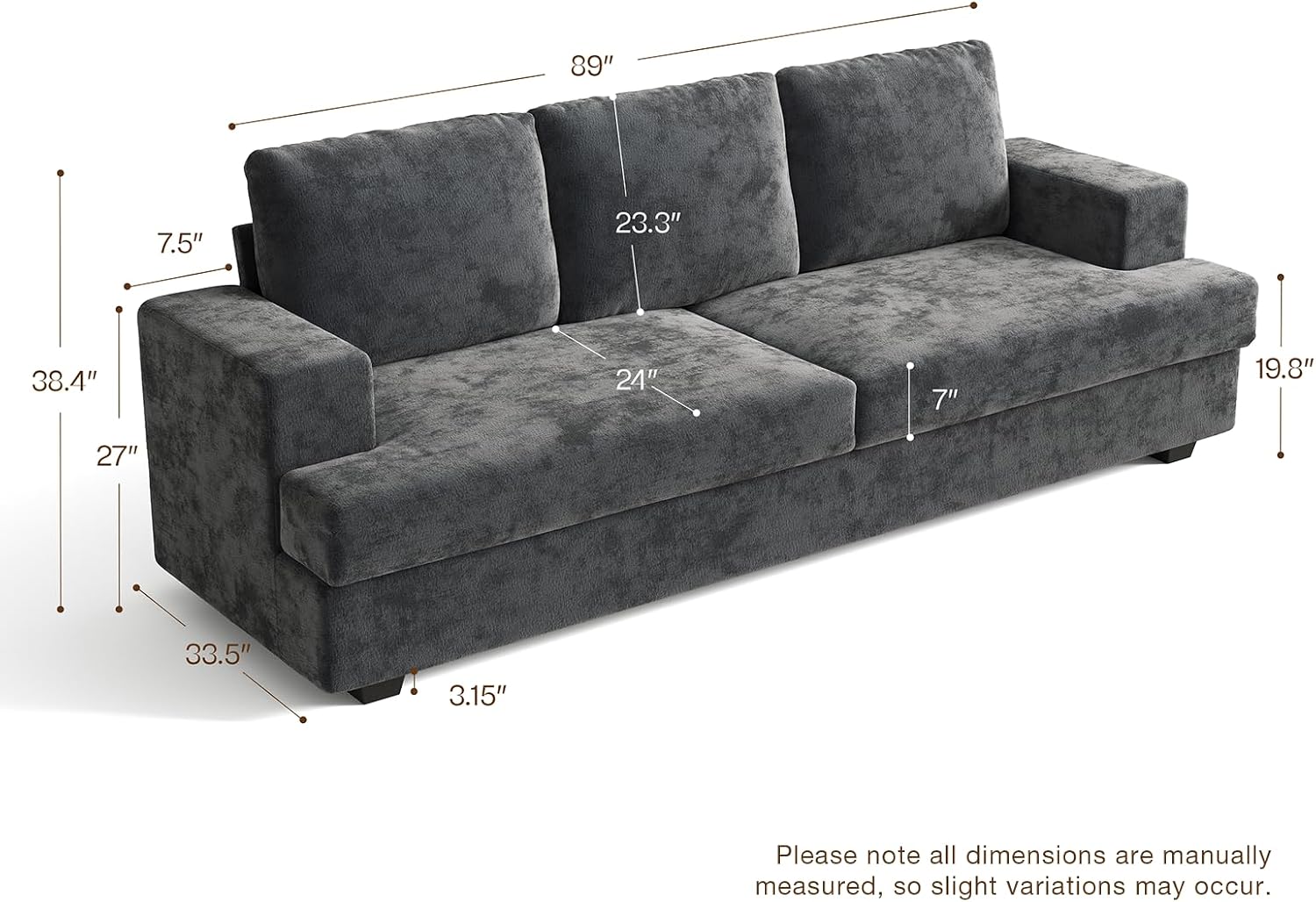 89' Grey Couches for Living Room, 3 Seater Couch with Deep Seat, Oversized Loveseat Sofa for Apartment and Small Spaces