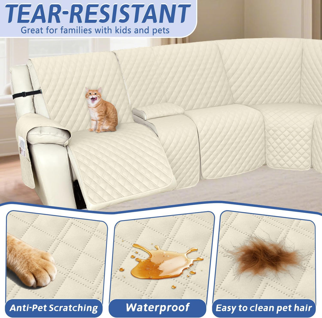 Arfntevss Recliner Sectional Couch Covers 1OO% Waterproof L Shape Sofa Cover for Reclining L Shaped Sectional Slipcover Dog Washable Corner Non Slip Protector (5 Seater with 2 Console, Beige)