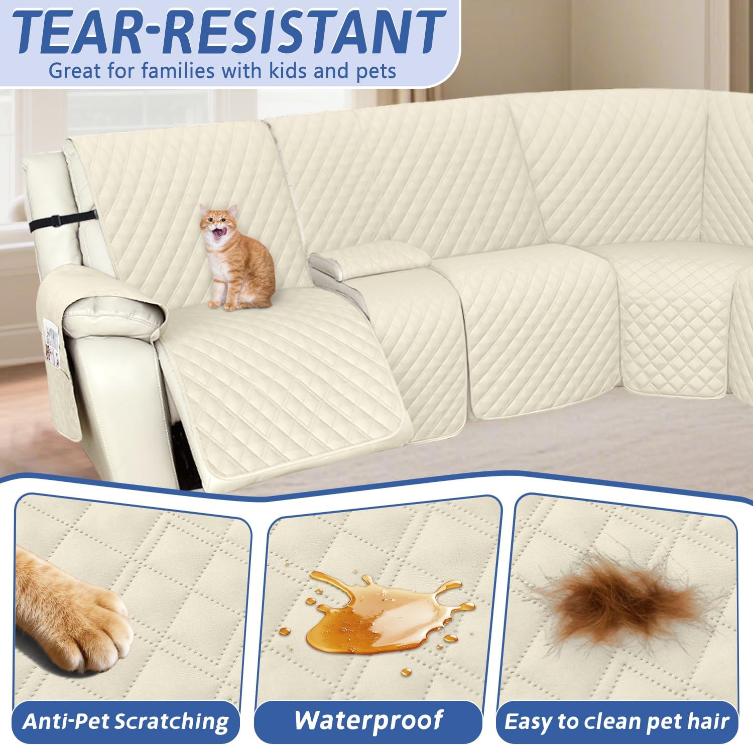 Arfntevss Recliner Sectional Couch Covers 1OO% Waterproof L Shape Sofa Cover for Reclining L Shaped Sectional Slipcover Dog Washable Corner Non Slip Protector (5 Seater with 2 Console, Beige)