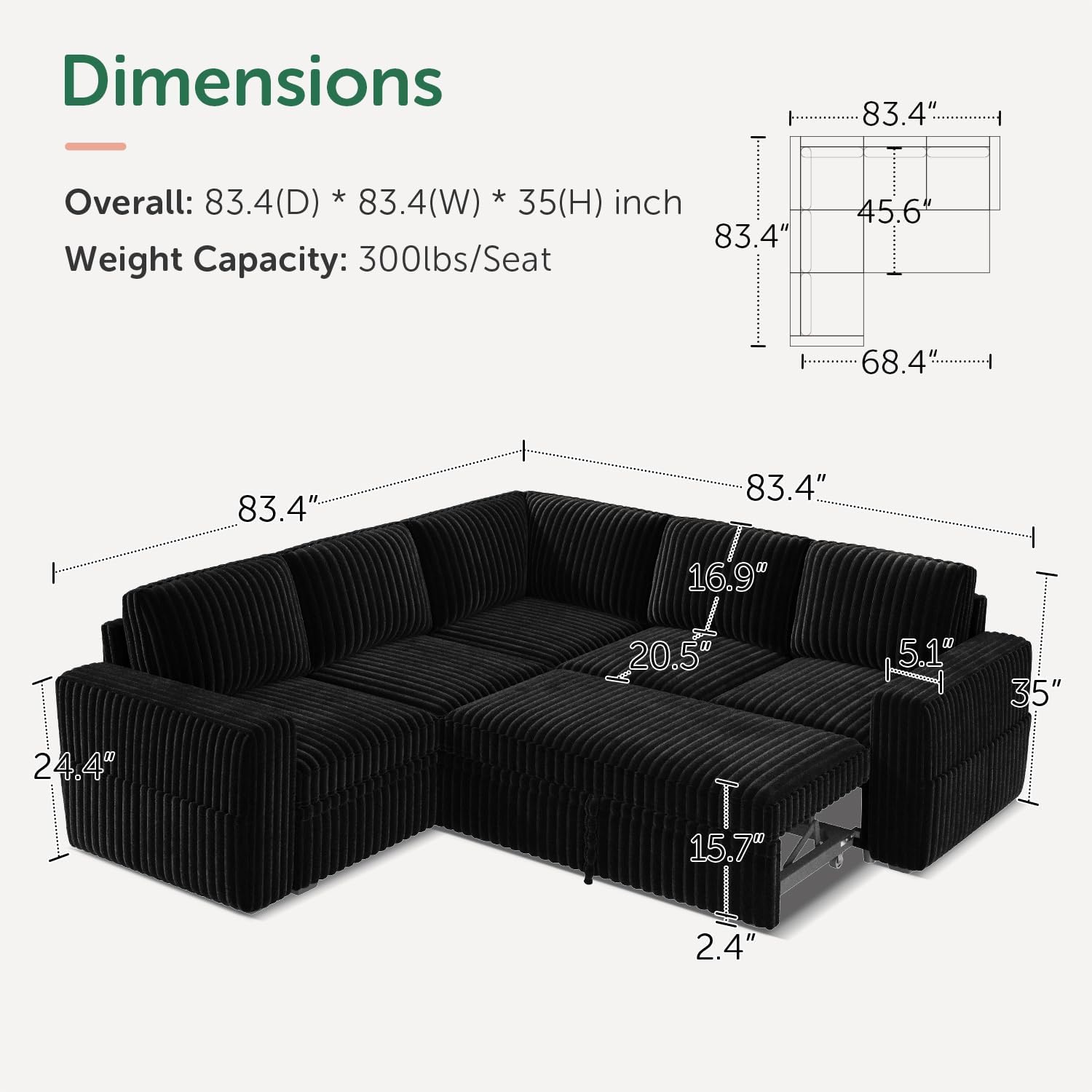 HONBAY Modular Sectional Sleeper Sofa with Pull Out Bed,Corduroy L Shaped Couch with Storage, Sectional Couches for Living Room,Black