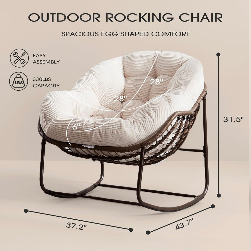 Oversized Papasan Rocking Chair, Indoor & Outdoor Egg Rocker with All-Weather Hand-Woven Rattan & Rust-Proof Steel Frame for Porch, Patio, Living Room (Corduroy, White)