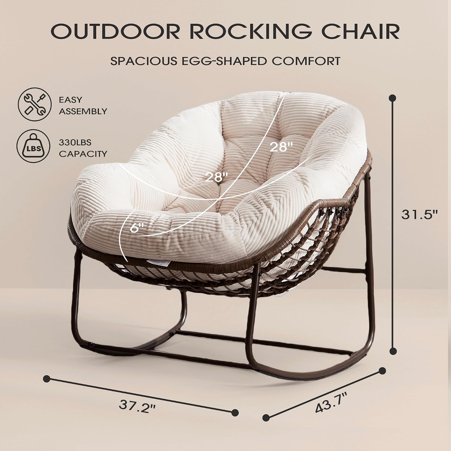 Oversized Papasan Rocking Chair, Indoor & Outdoor Egg Rocker with All-Weather Hand-Woven Rattan & Rust-Proof Steel Frame for Porch, Patio, Living Room (Corduroy, White)