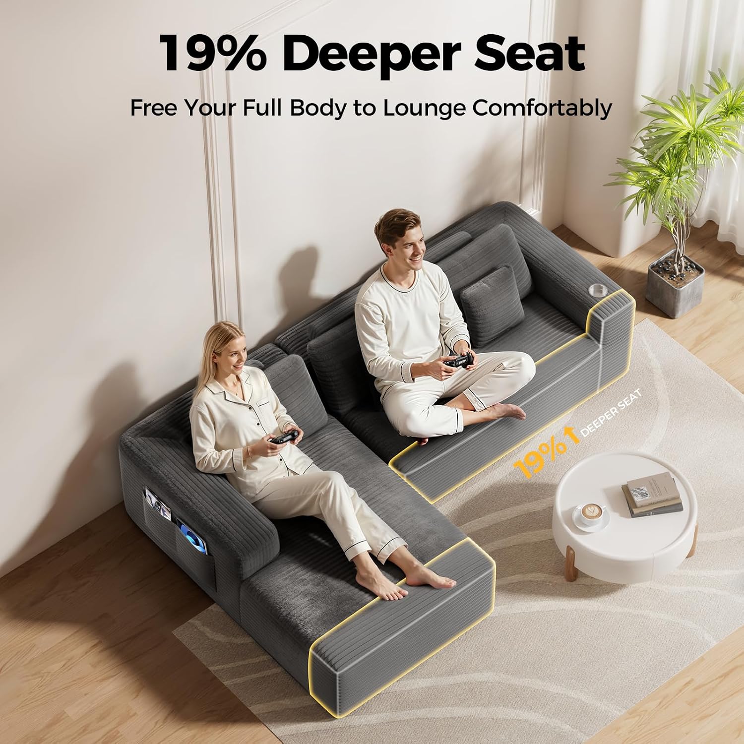 CAMMOO 108' Cloud Sectional Couch in One Box, Compressed Modular Sectional Sofa with Deep Seat, Corduroy Boneless Couches, L-Shaped Sofa for Living Room, 4 Storage Pockets(Left Facing Chaise, Grey)
