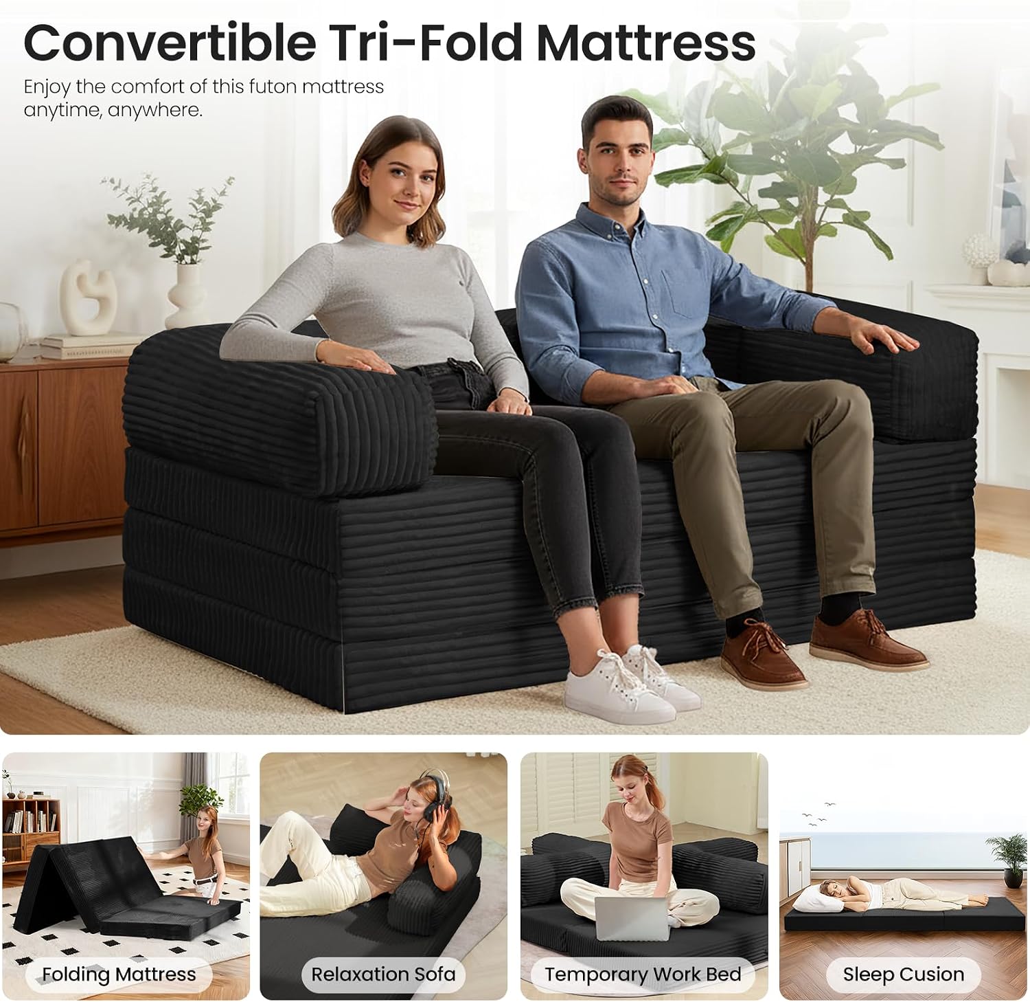 Tri-Fold Foldable Mattress, Convertible Folding Sofa Bed with Removable Arms & Washable Cover, All-in-One Portable Mattress Floor Sofa Bed, No Assembly Required & Non-Slip, Queen Size, Black