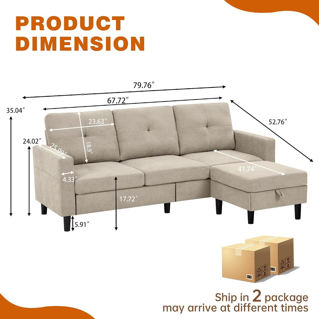 80' Convertible Sectional Sofa Couch with Movable Ottoman, 3 Seats Sectional Sofas L Shaped Couch for Small Spaces, Soft Fabric Couch for Living Room (Beige)