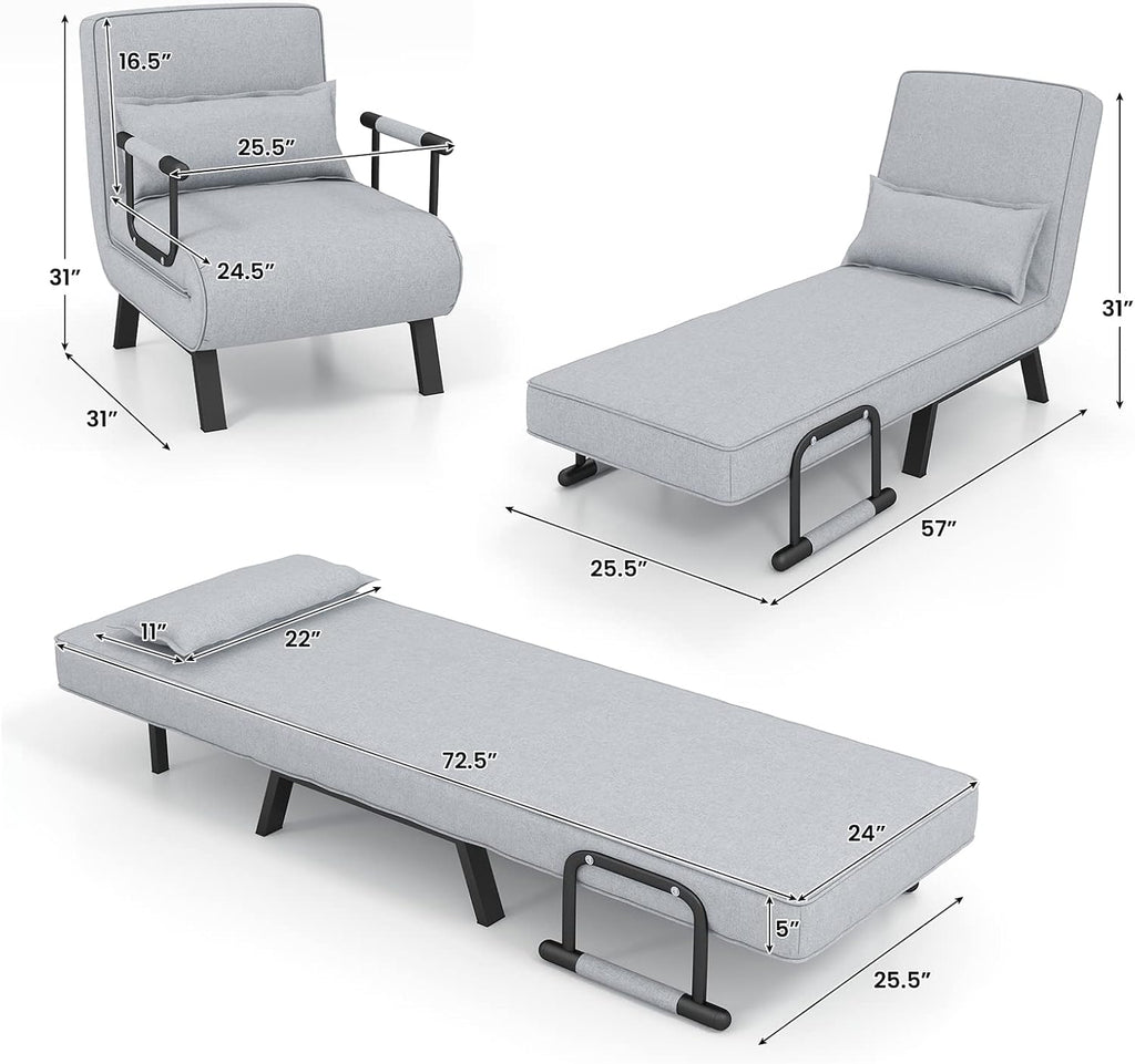 Giantex Convertible Sofa Bed, 4-in-1 Sleeper Chair with Pillow, Modern Recliner Guest Bed with 6 Positions Adjustable Backrest, Metal Legs, Linen Fabric Armchairs for Nursery Living Room Office (Gray)